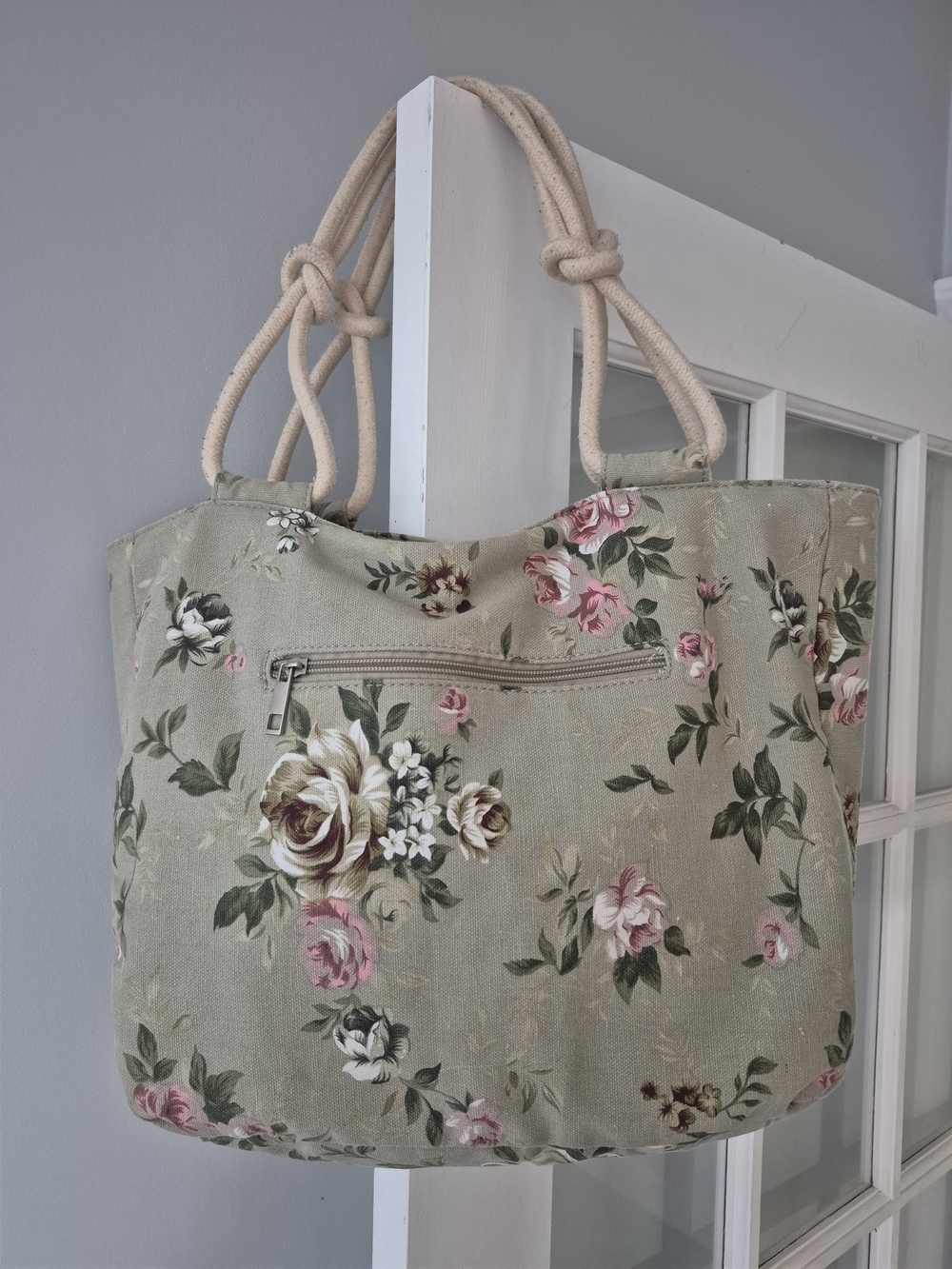 Farmhouse Is My Style Sage Green Floral Canvas Tote Bag Rope Handles - Picture 2 of 9
